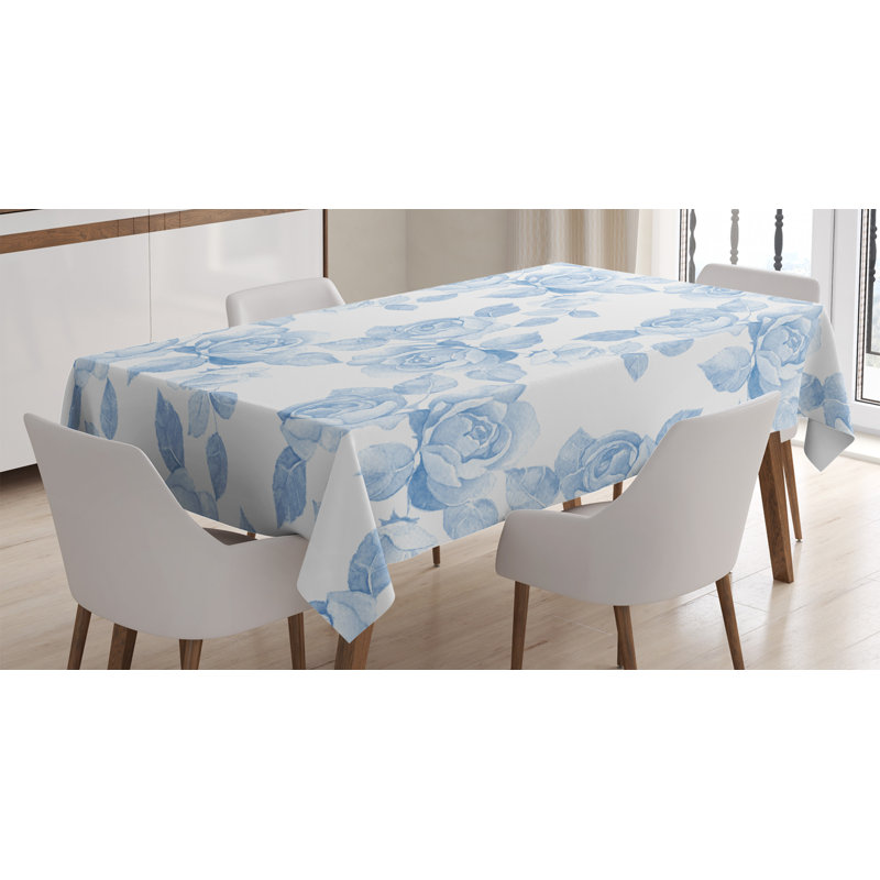 Rose Tablecloth, Faint Faded Floral Dreamy Branch Plant Fashion Pastel Spring Seasonal Design, Rectangular Table Cover For Dining Room Kitchen Decor, 52" X 70", Soft Blue White