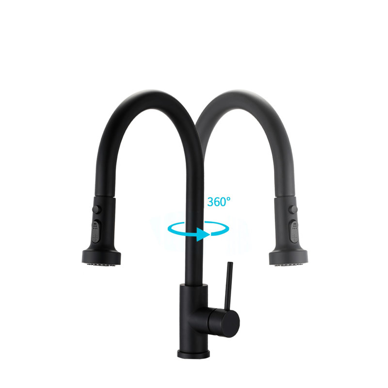 Robinet de cuisine escamotable noir mat avec acier inoxydable, distributeur de savon, pour les égratignures et la rouille, bec pivotant à 360 °, débit maximal de 1,8 gallon par minute, égratignure et rouille, débit