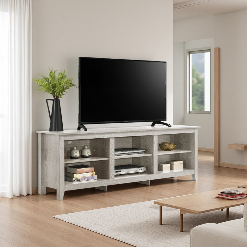 Meuble télé 70 po avec tablettes ouvertes et gestion des câbles, Gris clair