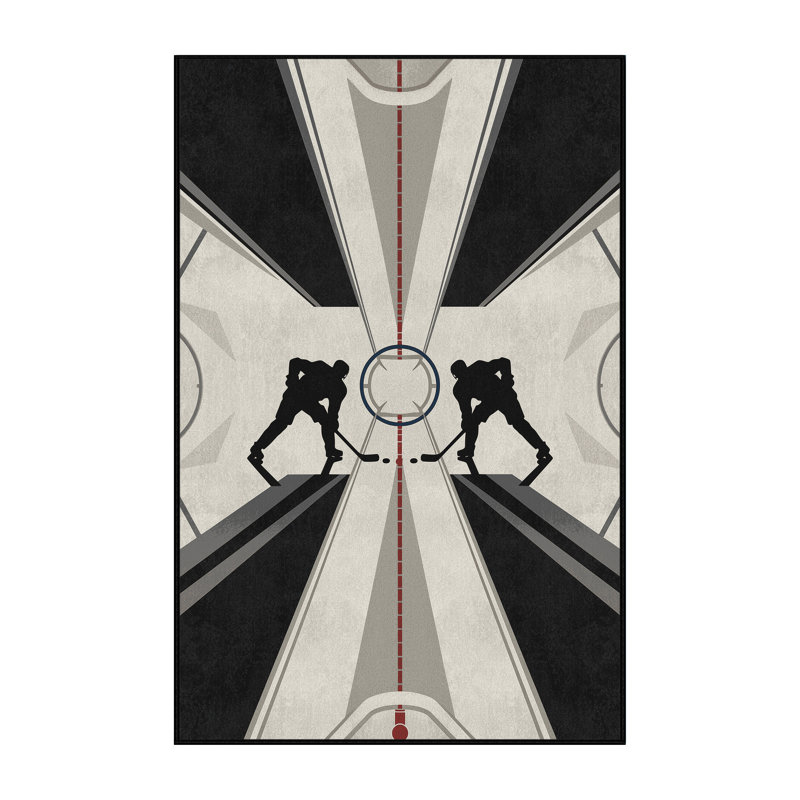 Machine Washable Aguilar Ice Hockey Faceoff Modern & Contemporary Geometric Rug in Beige – Black Binding, 2x5