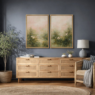 «Soft Green Botanical Landscape with Misty Garden Tones», reproduction d'art sur toile encadrée 2 pièces.