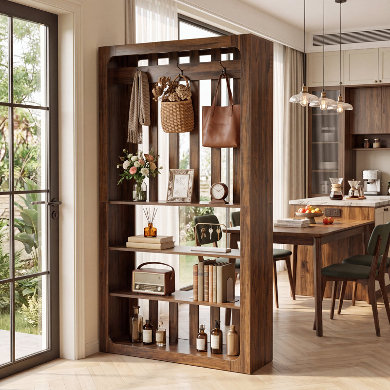Bibliothèque en bois 70,9 "avec tablettes et crochets à manteau, cloison autoportante pour la maison et le bureau
