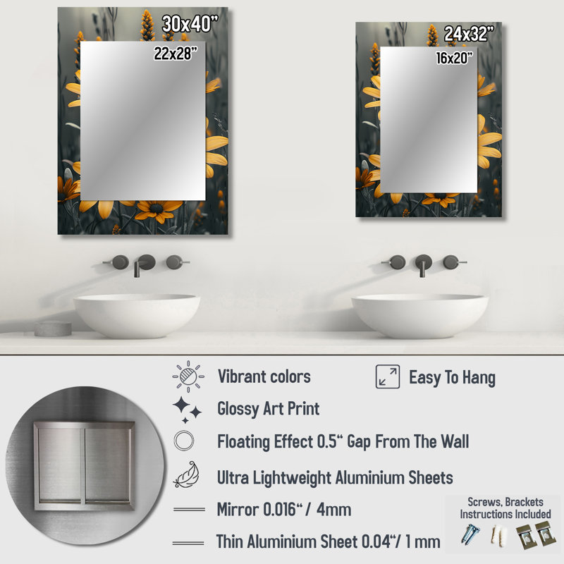 Fleurs jaunes et gris rétro - fleurs sauvages, miroir mural traditionnel unique, impression sur métal, 32 po x 24 po