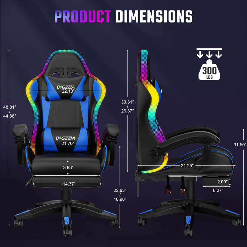 Fauteuil de jeu DEL avec fonction massage et repose-pieds, Noir / Bleu