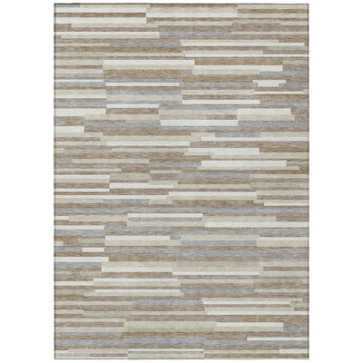8' X 10' Taupe Gray And Ivory Striped Washable Indoor Outdoor Area Rug