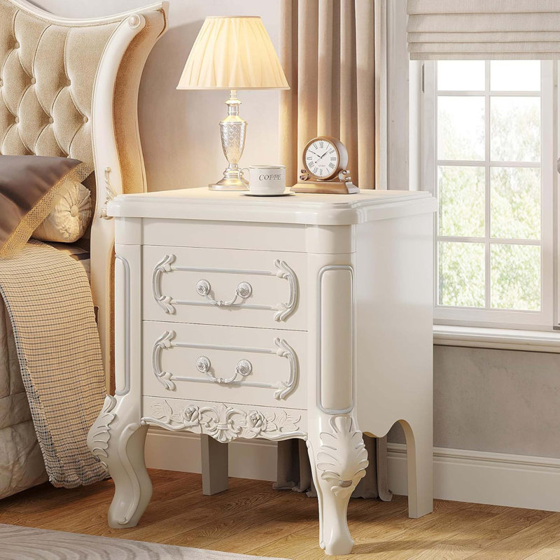Table de chevet avec tiroirs - table de bout sculptée classique de 20 po, table de chevet à 2 tiroirs pour la chambre à coucher, mobilier d'appoint rétro