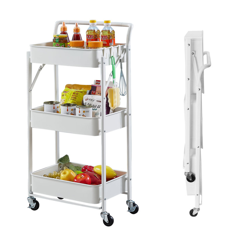 35.2'' H x 17.3'' W Utility Foldable Metal Cart 3-Layer Mesh Baskets Storage Rack With Wheels & Handle, No Installation