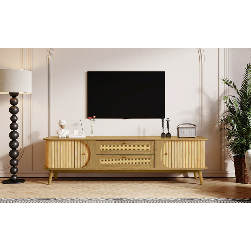 Meuble télé pour téléviseurs de 75 pouces : pieds en bois massif, support de rangement fonctionnel, espace polyvalent