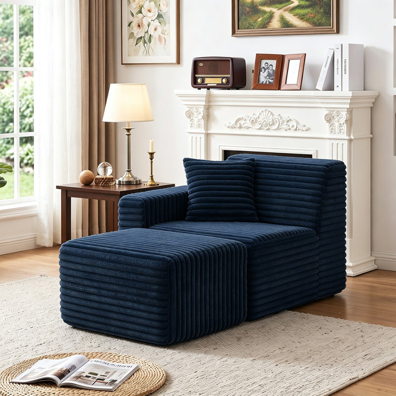 Chaise longue en flanelle de fourrure de lapin rembourrée 2 pièces 2 pièces sans assemblage requis, Marine, Orienté à droite