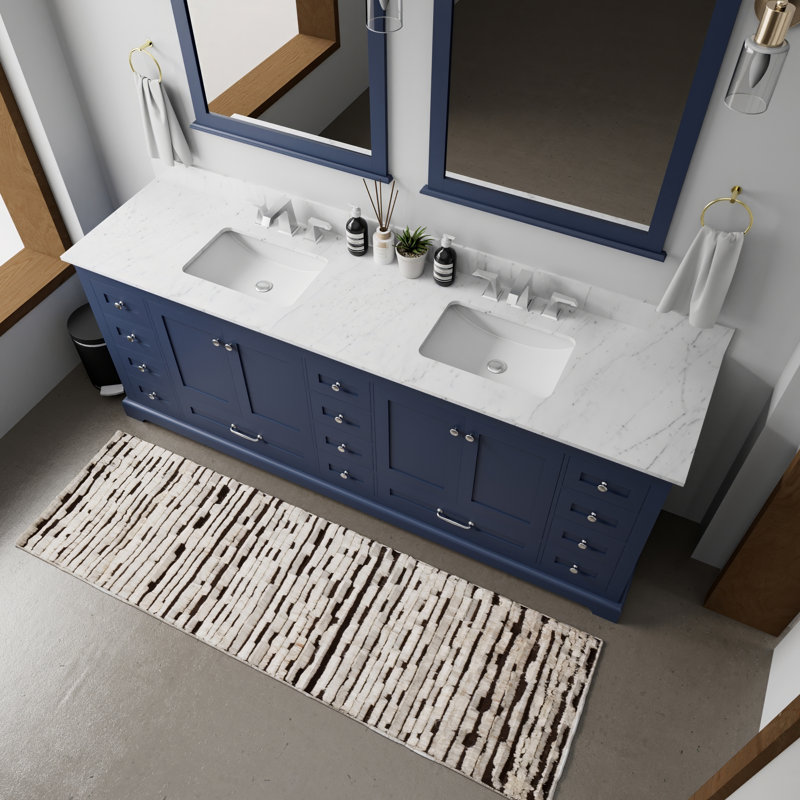 Ensemble de meuble-lavabo double avec plateau en marbre de culture et robinet, Bleu marine