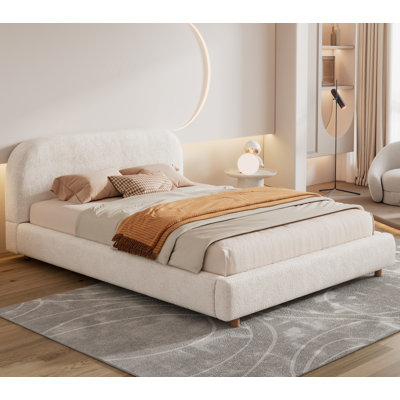 Queen Size Curve-Shaped Headboard Boucle Fabric Upholstered Bed Frame, No Spring Box Needing Bed