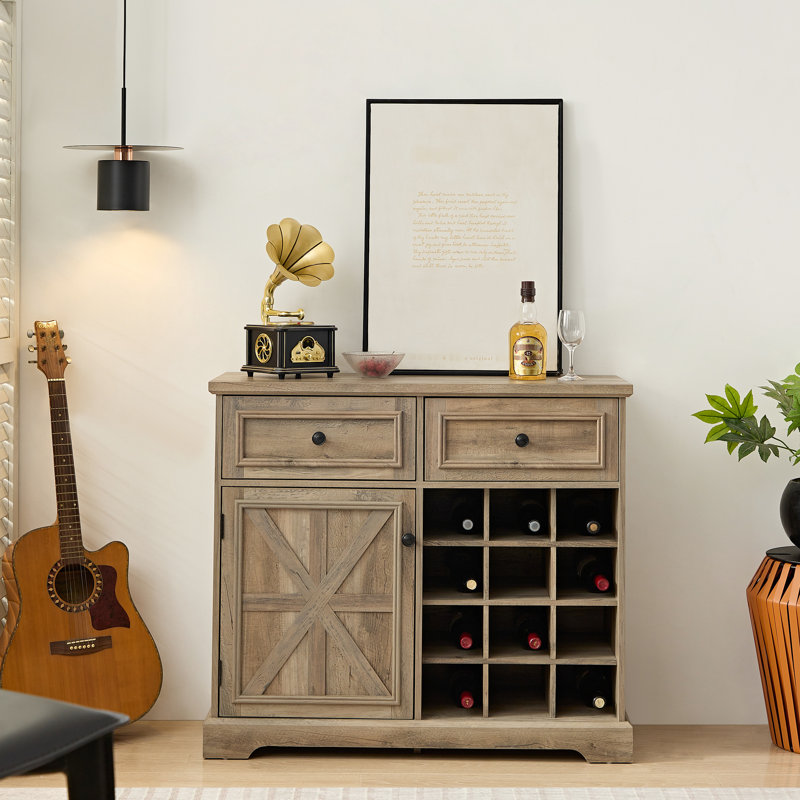 Armoire à vin avec 2 tiroirs, amovible, tablettes de rangement, gris délavé pour la cuisine et la salle à manger, rustique