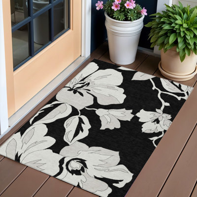 Tapis extérieur lavable floral noir 3 pi x 5 pi noir et argent