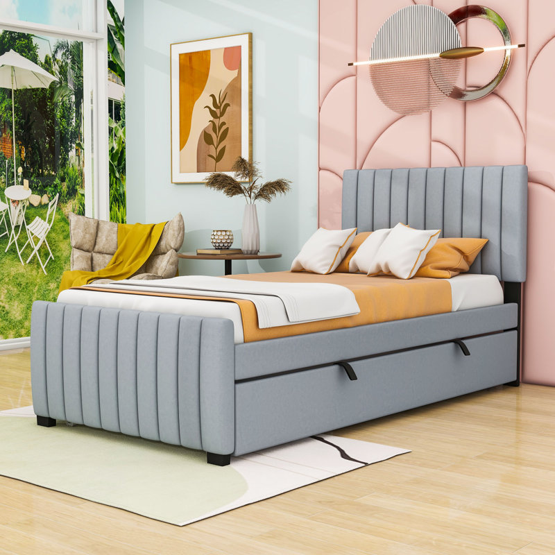 Twin Upholstered Platform Bed with Trundle, Gray