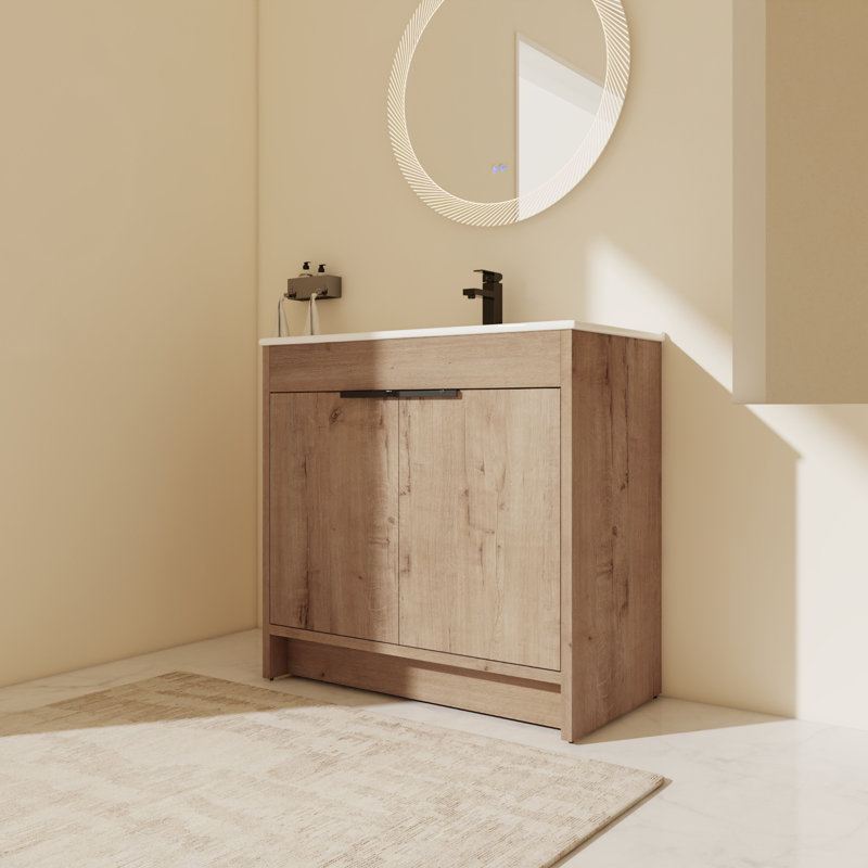 Caicedo 36'' Single Bathroom Vanity with Ceramic Top, Imitative Oak