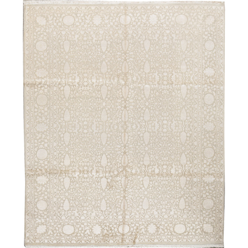 Tapis beige noué à la main de haute qualité, Rectangle 7 pi 10 po x 9 pi 5 po