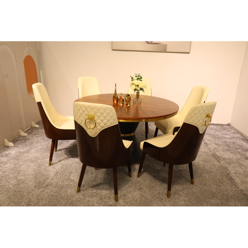 Vogue Lux Orange 61" Round Dining Set, Beige, 7 Pieces: Table, 6 Chairs, 31" H x 51" W x 51" D