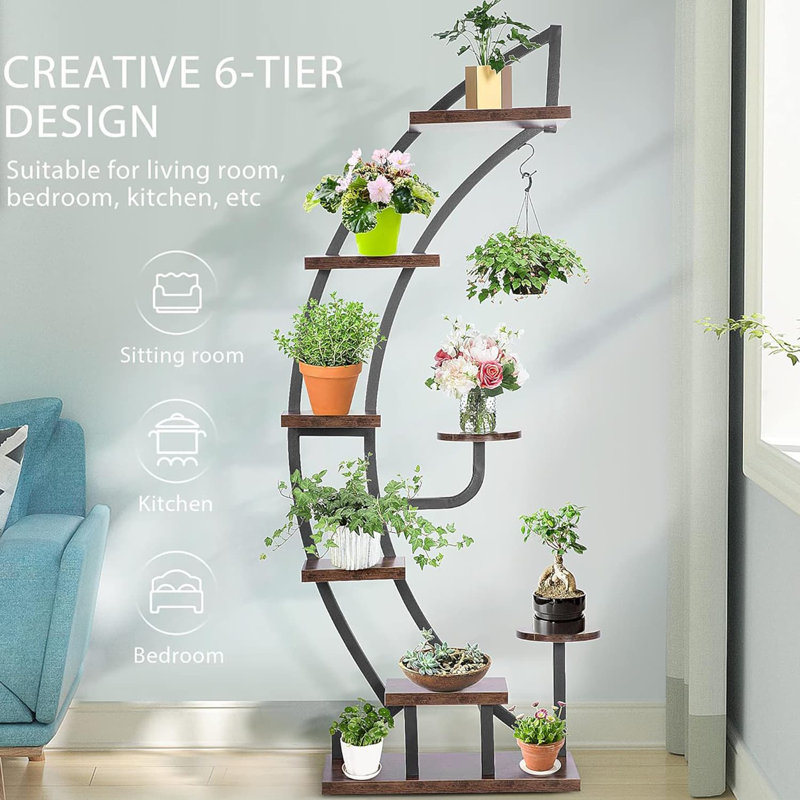 Support à plantes en bois et en acier de 6 couches à 9 couches, support à pot courbé pour une utilisation à l'intérieur