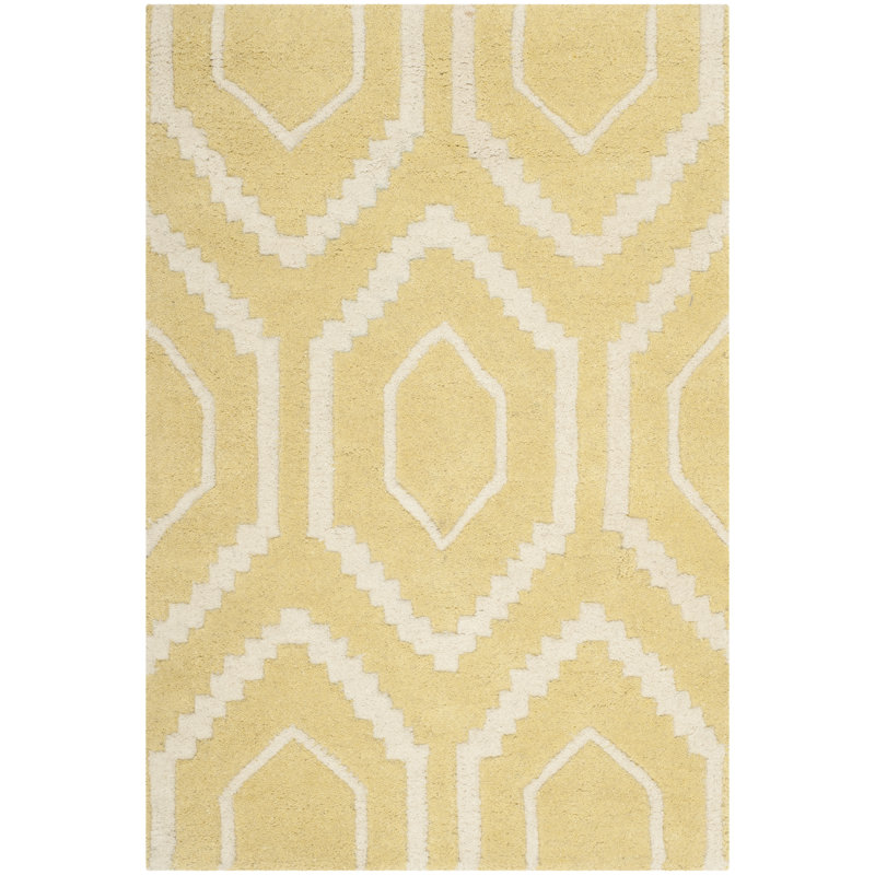  Huyet Geometric Wool Hand Woven Area Rug, Gold/Ivory, Rectangle 152 x 244 cm