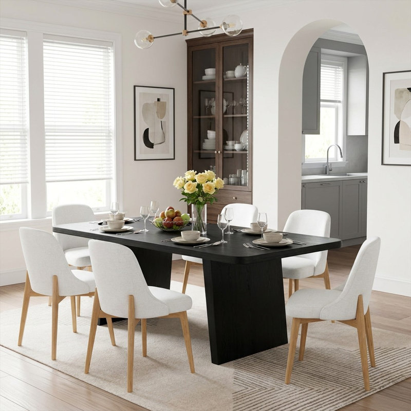 Ensemble de table de salle à manger rectangulaire 79 "avec 6 chaises rembourrées 7 pièces, 7 Pieces: Table, 6 Chairs, Black