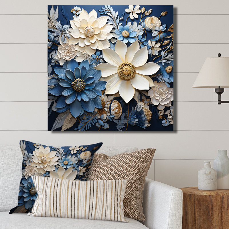 «Blue And White Seasonal Flowers Collage V», reproduction sur toile, Toile tendue, H 16 po x l 16 po x P 1 po