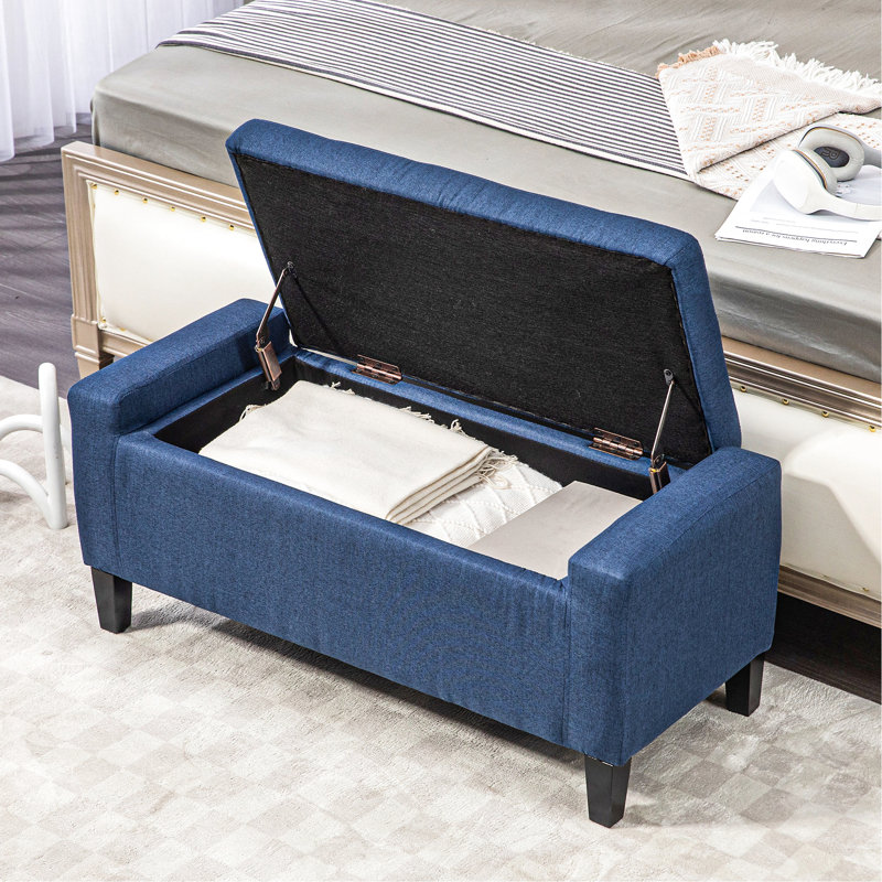 Banc de rangement bleu foncé By, revêtement en lin recouvert de boutons, chambre à coucher polyvalente et repose-pieds en lin, plateau pour la maison et les espaces intérieurs, solution de repos fonctionnelle