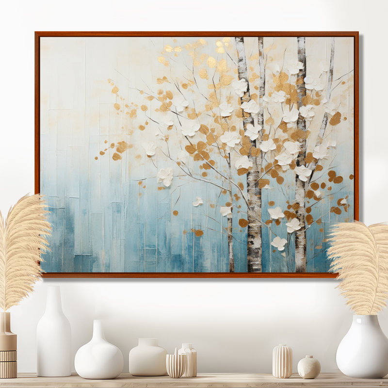 Minimalisme bleu et forêt dorée I - art mural forêt, H 30 po x l 40 po x P 1,5 po, Cadre flottant brun