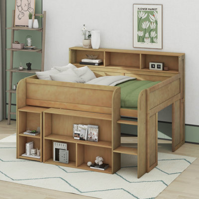 Full Size Low Loft Bed With Play Area Under, Playhouse Loft Bed Frame With Storage Shelves And Desk, Wood Kids Bed With Play Space And LED