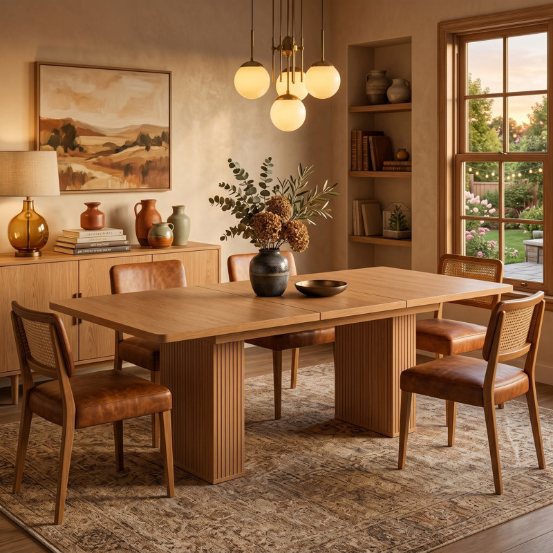 Table de salle à manger extensible 78,74 po en bois avec tablette de rangement, naturel, Naturel
