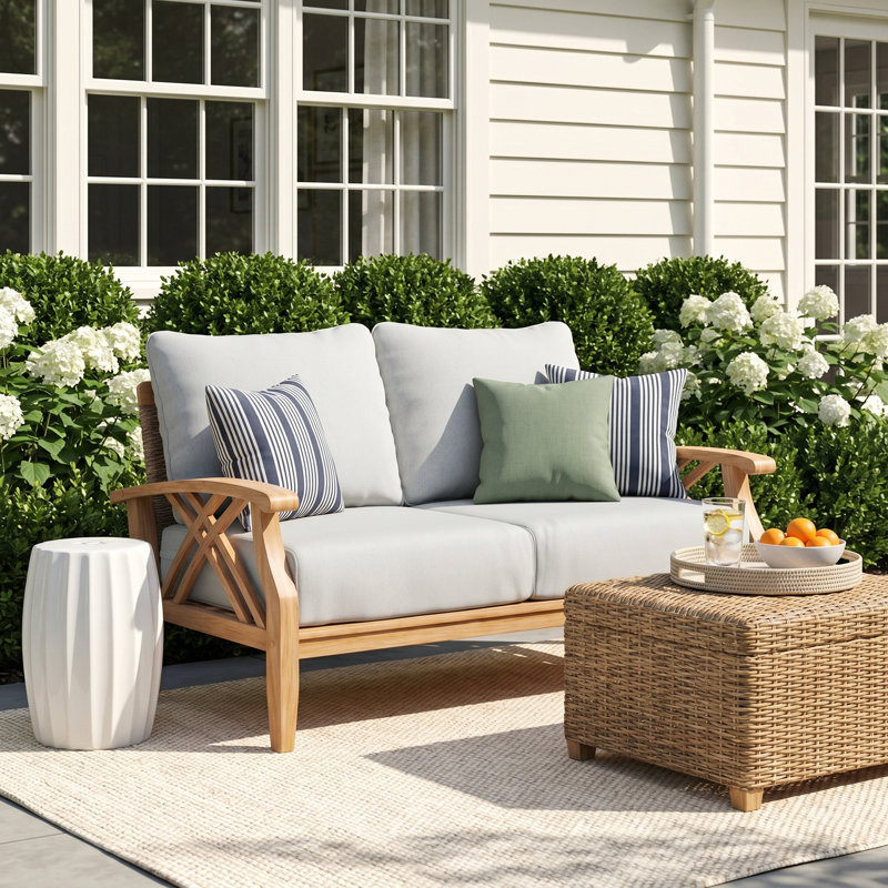 Cotesfield 54.25'' Wide Teak Loveseat with Cushions, Tan Performance Basketweave