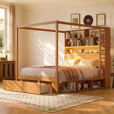 Lit plateforme à baldaquin avec tête de lit de rangement, prises USB, éclairage DEL RVB et rangement sous le lit, style moderne, chambre à coucher
