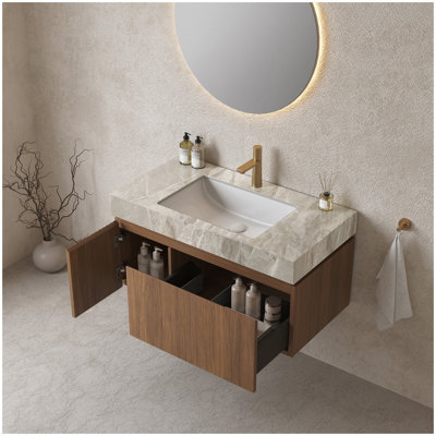 Meuble-lavabo de salle de bain 36 po MURI, armoire de rangement en contreplaqué flottant avec tiroir et porte, plateau en pierre frittée gris clair et lavabo en céramique avec 1 trou de robinet pré-percé, pré-assemblé, couleur grain de bois de chêne brun