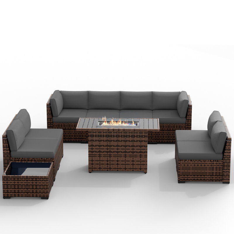 Avamay Rattan Sectional Seating Group with Cushions, Gray Performance Microfiber, Yes