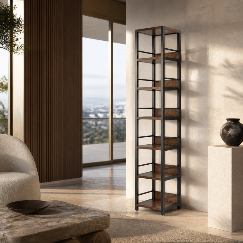 Étagère d'angle à 6 niveaux, étagère de rangement étroite de 75 pouces de haut avec dispositif anti-basculement, grande bibliothèque d'une capacité de 70 lb pour le salon et le bureau à domicile