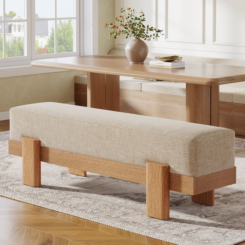 Linen Blend Upholstered Bench, Beige