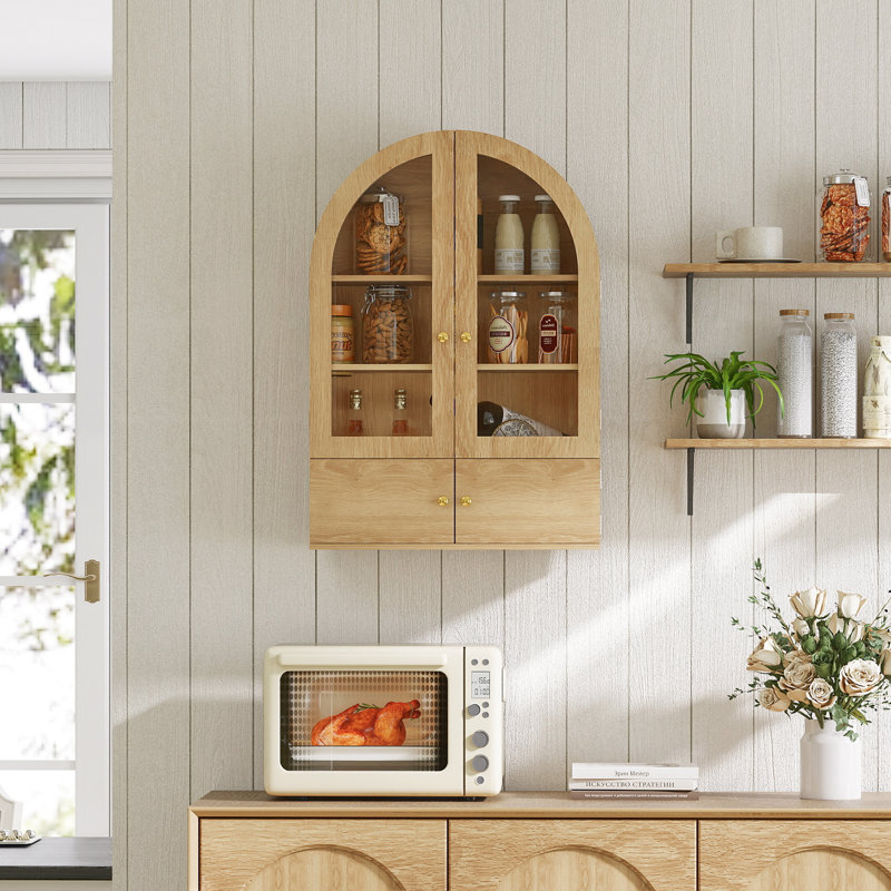 Wall Bathroom Cabinet with Glass Doors, Wood Medicine Cabinet with Adjustable Shelf, Arched Hanging Cabinet for Bathroom, Living room, Natural