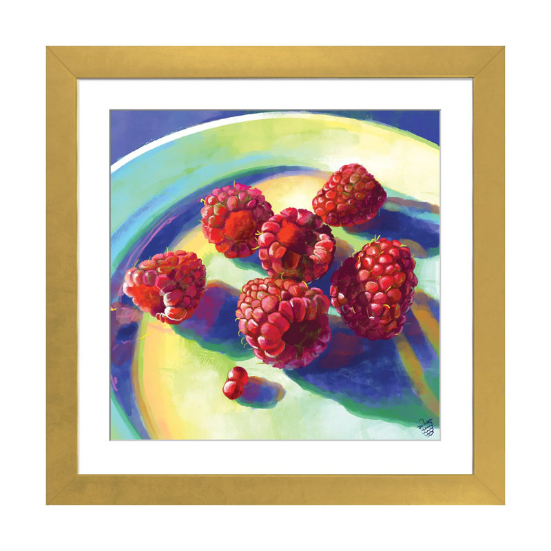 Framboises sur une plaque - reproduction d'art murale - papier d'art encadré, Papier à coins ouverts avec passe-partout, Doré