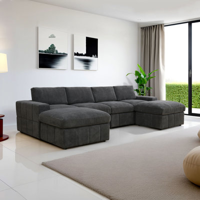132" Wide 6- Piece Premium Corduroy Reversible Modular Living Room Sectional Sofa With Ottoman