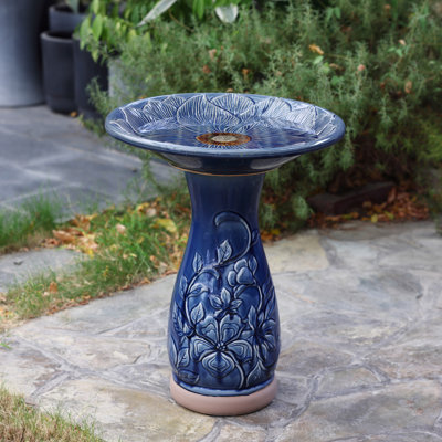 Blue Petals and Vines 22-Inch Tall Ceramic Birdbath