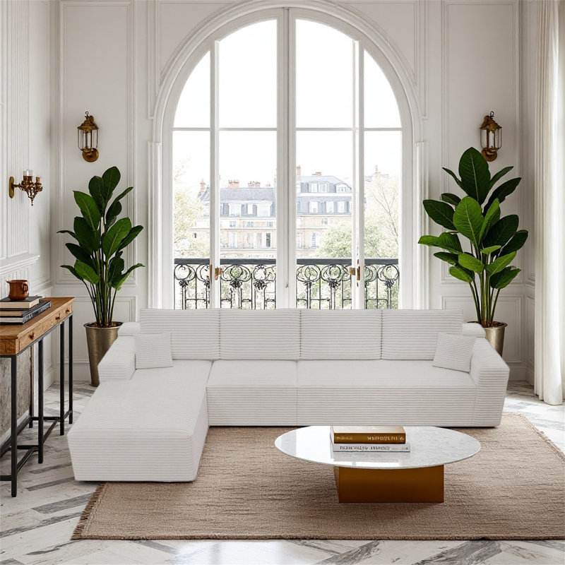 Siège de canapé modulaire en velours côtelé de 131,9 pouces, Blanc