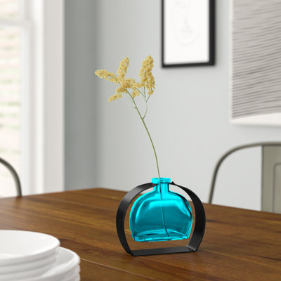 Vase en verre recyclé arrondi et support en métal arqué, capacité de 6 oz, bleu turquoise