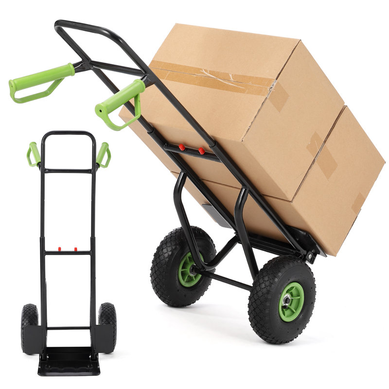 Chariot de manutention pliable et robuste – Capacité de 180 kg (400 lb) – Roues en caoutchouc de 25 cm (10 po) – Poignée télescopique réglable de 89 à 114 cm (35 à 45 po) – Idéal pour les déménagements, les entrepôts et les garages – Poignée et moyeu de roue verts
