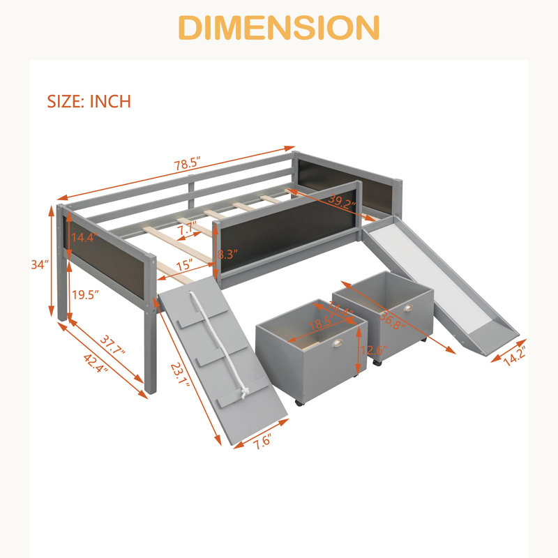 Lit mezzanine simple en bois avec deux boîtes de rangement, Gris