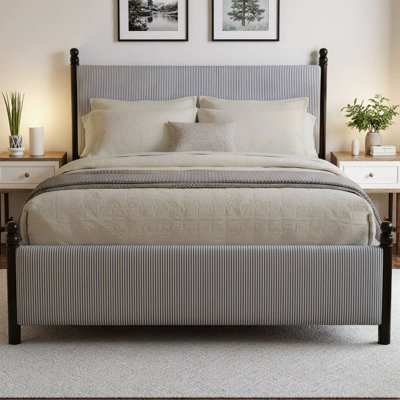 48" Upholstered Platform Bed with Black & Blue Striped Headboard, Solid Rubberwood Frame, Spherical Vintage Legs, 800 lb Capacity, Noise-Free, Modern Bedroom Design