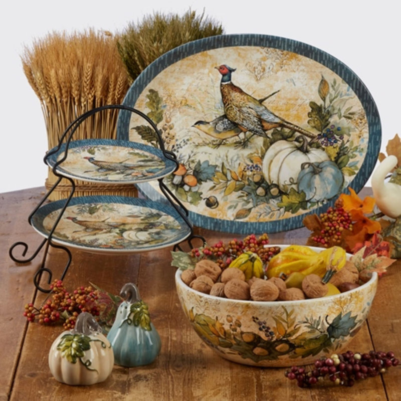 Harvest Gatherings Rectangular Ceramic Platter with Teal and White Pumpkins