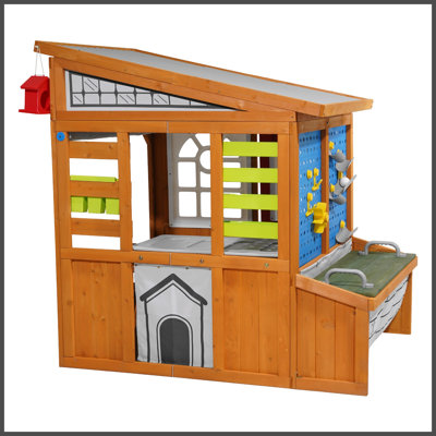 Outdoor Playhouse, Cedar Wooden Kids Playhouse with Bird Nest, Doorbell, Trash Bin, Gravity Wall Set, Storage Pocket, Windowsill, Wooden Kids Cottage for Aged 3 to 10, Rounded Corners