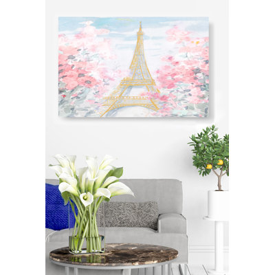 Pastel Paris III, Eiffel Tower Surrounded By Flowers, Pink, Gold, White, Teal, Cyan, Grey