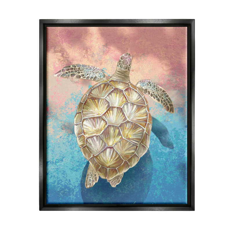 Tortue de mer vive nageant par Ziwei Li - peinture sur toile, Cadre flottant noir de jais, H 21 po x l 17 po x P 1,7 po