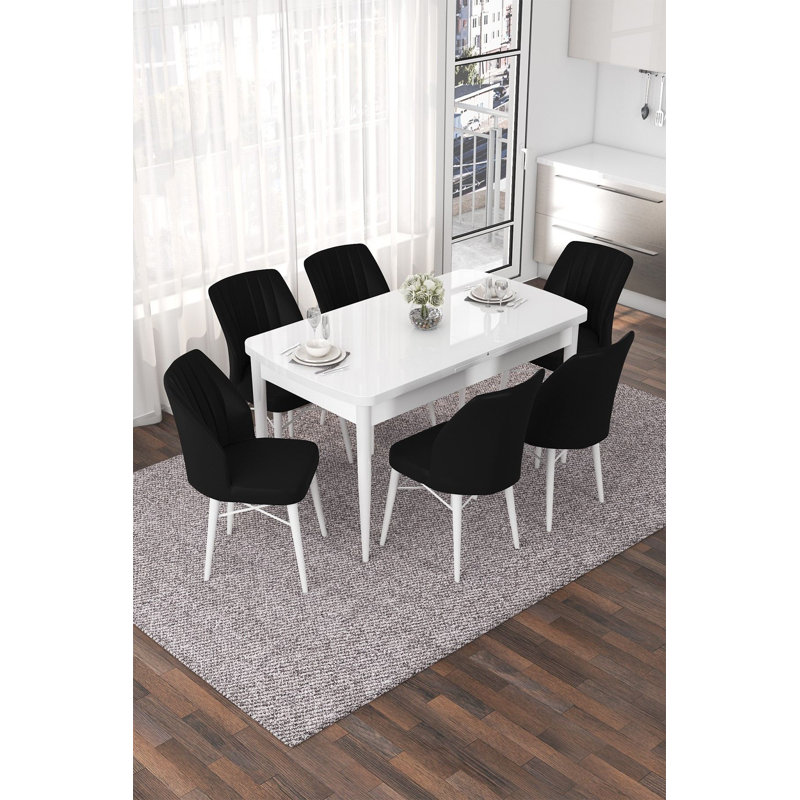 Ensemble de table et chaises de salle à manger extensible Modern (7 pièces), blanc et noir, 44,9 x 30,7 x 27,6 pouces (table fermée) | 100% panneau de fibres à densité moyenne avec pieds en bois, structure de chaise en métal, tissu Jerry | Élégant et fonctionnel pour les repas en famille