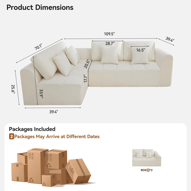 109.5’’ Oversized L-Shape Sectional Sofa, Modular Compressed Cloud Couch with Memory Foam, No Assembly Needed, Beige Chenille